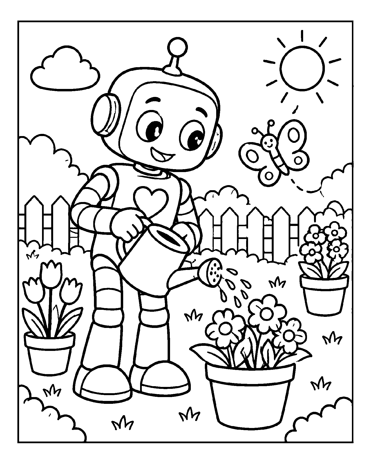 Robot’s Flower Garden black-and-white colouring page