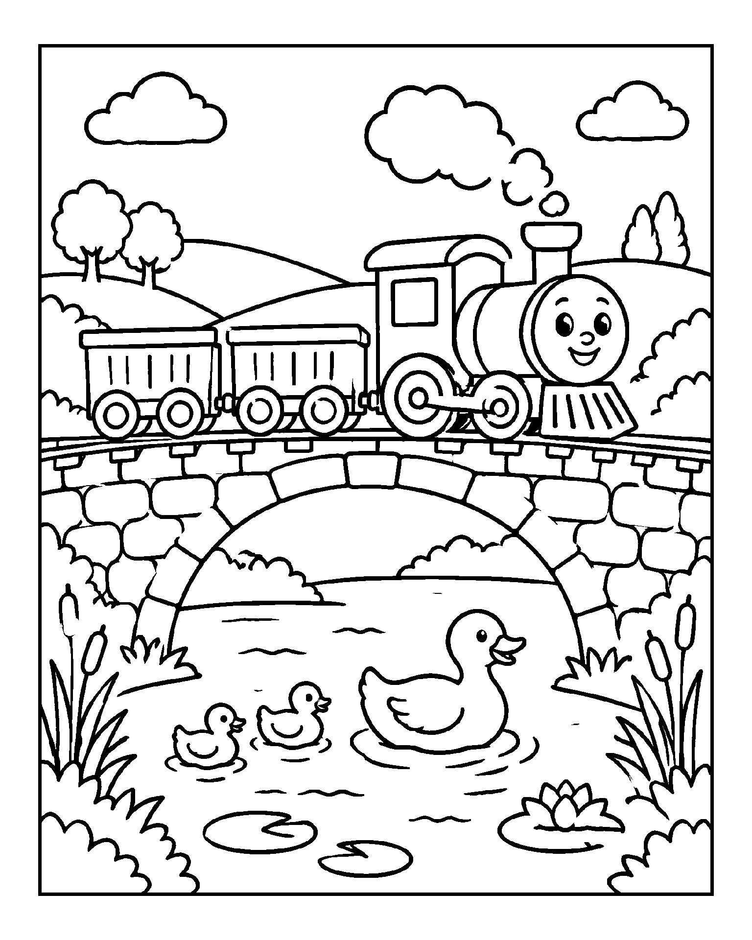 Toy Train at the Duck Pond black-and-white colouring page