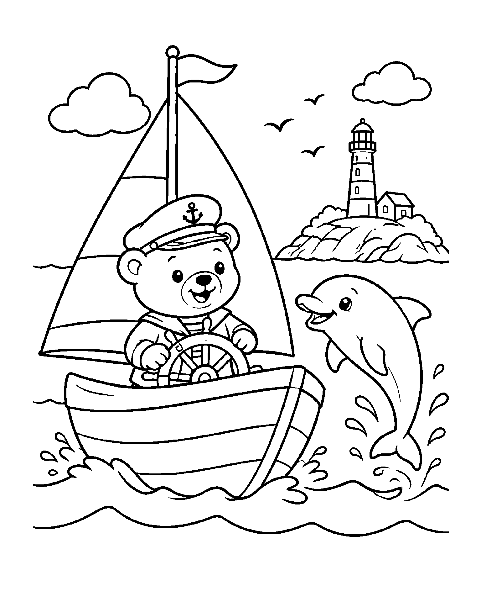 Bear’s Lighthouse Sailing Trip black-and-white colouring page