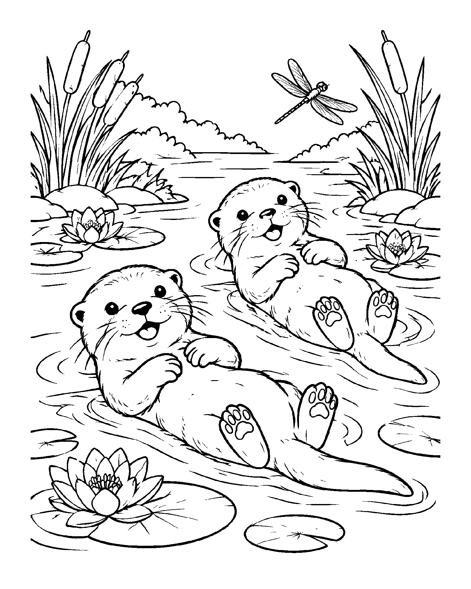 Otters at the Water-Lily River black-and-white colouring page