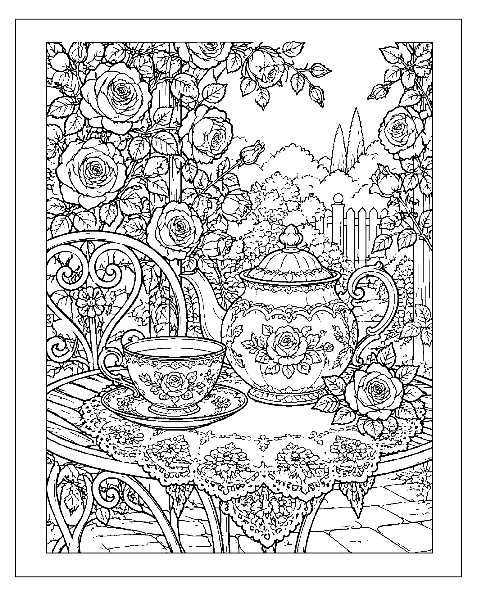 Rose Garden Afternoon Tea black-and-white colouring page