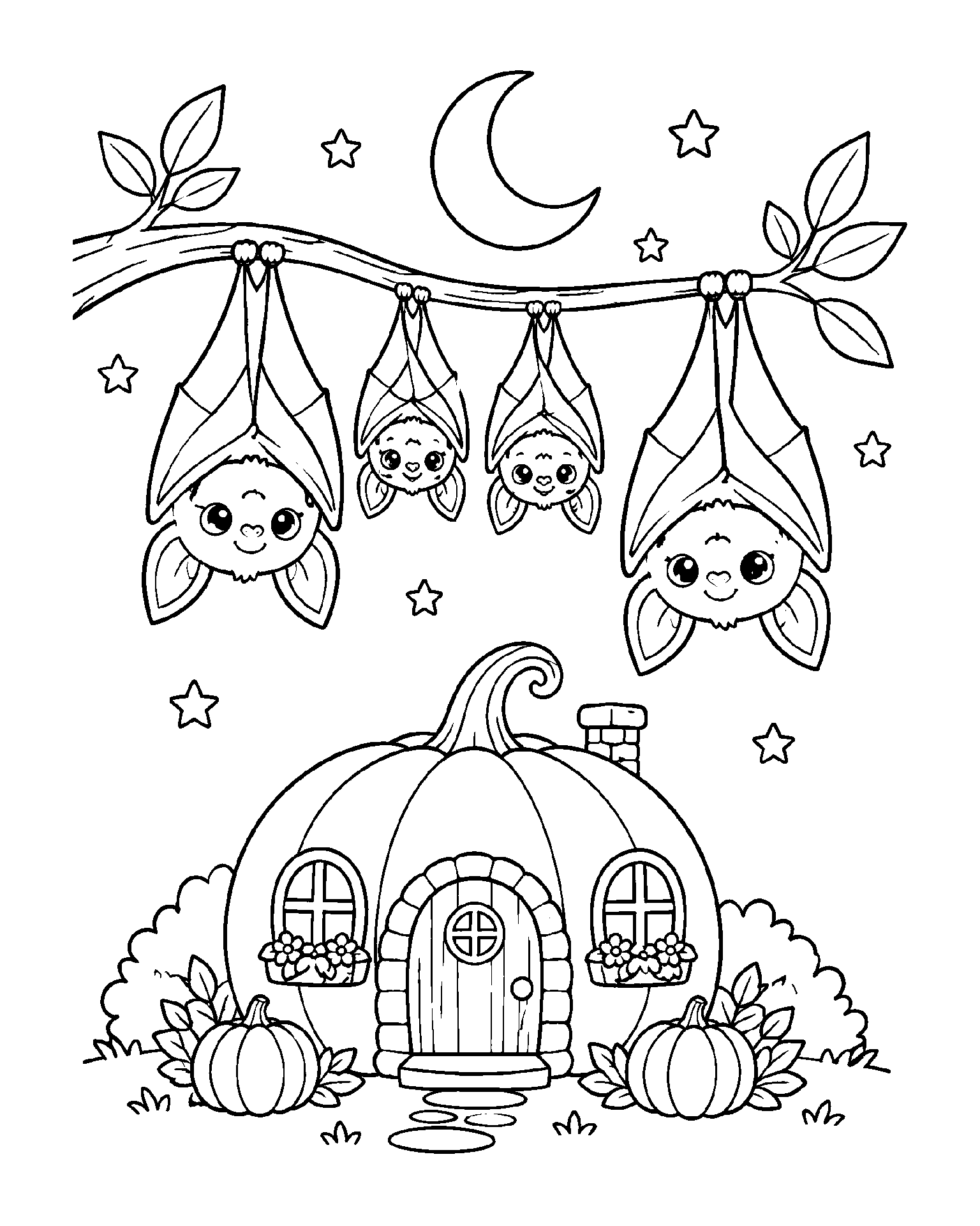 Bat Family’s Pumpkin Cottage black-and-white colouring page