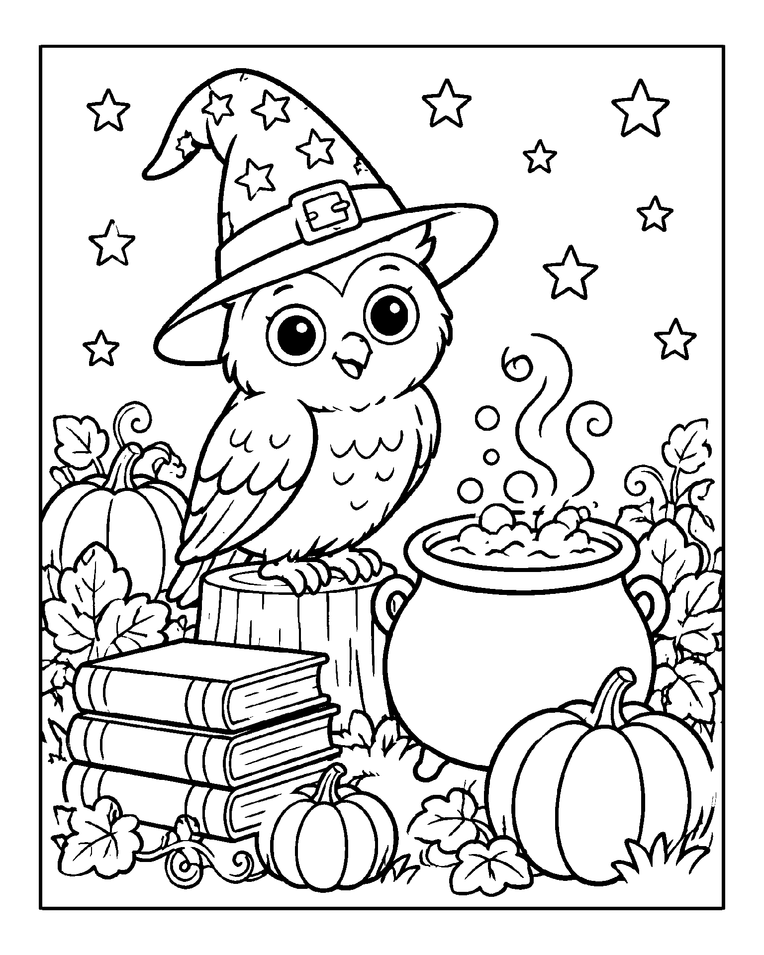 Wizard Owl’s Pumpkin Potion Garden black-and-white colouring page