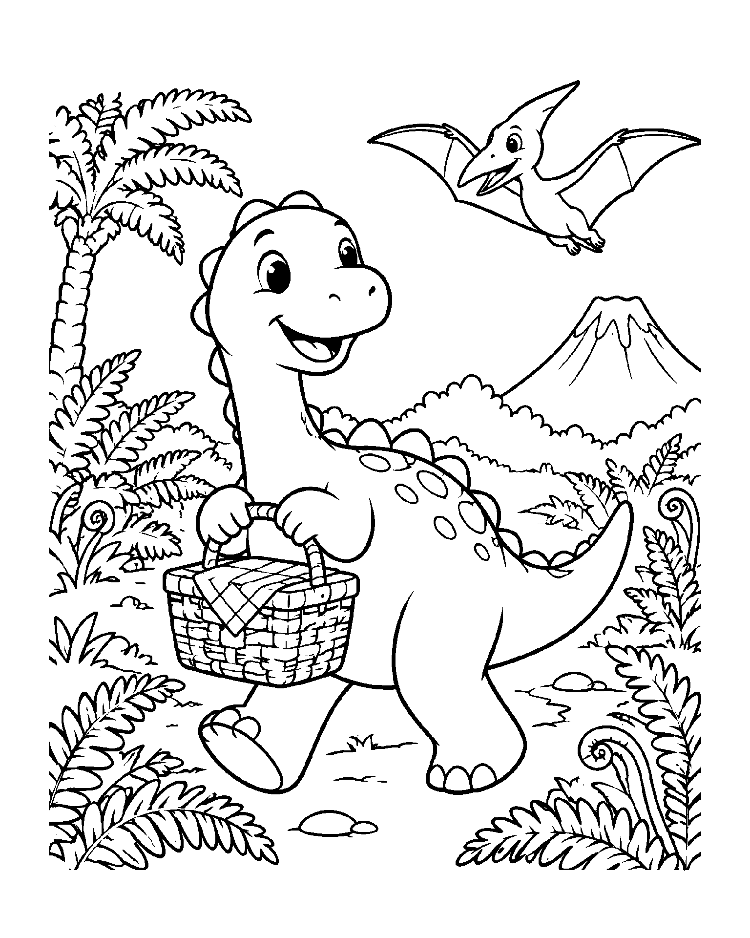 Dinosaur’s Picnic Walk black-and-white colouring page