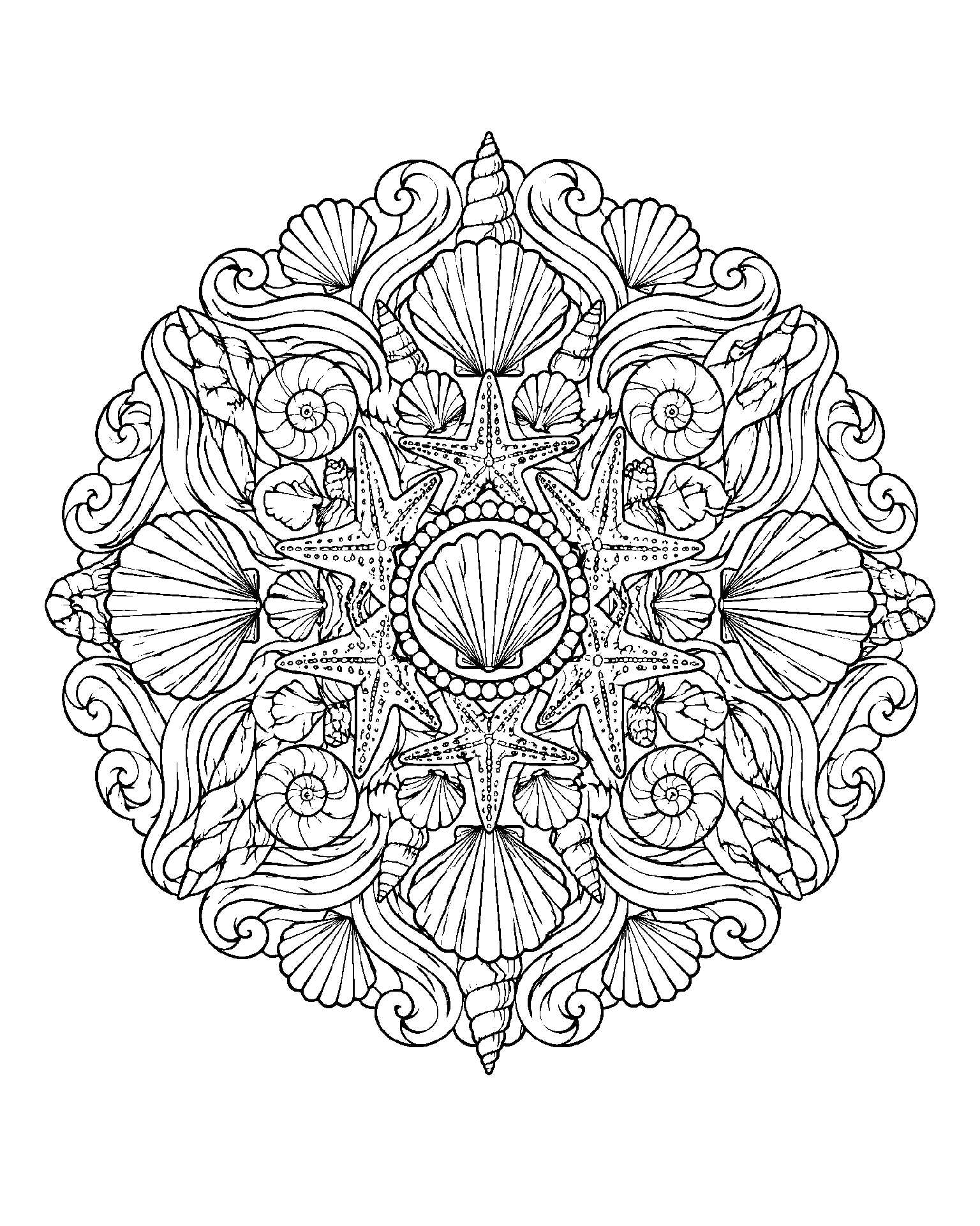 Seashell and Wave Mandala black-and-white colouring page