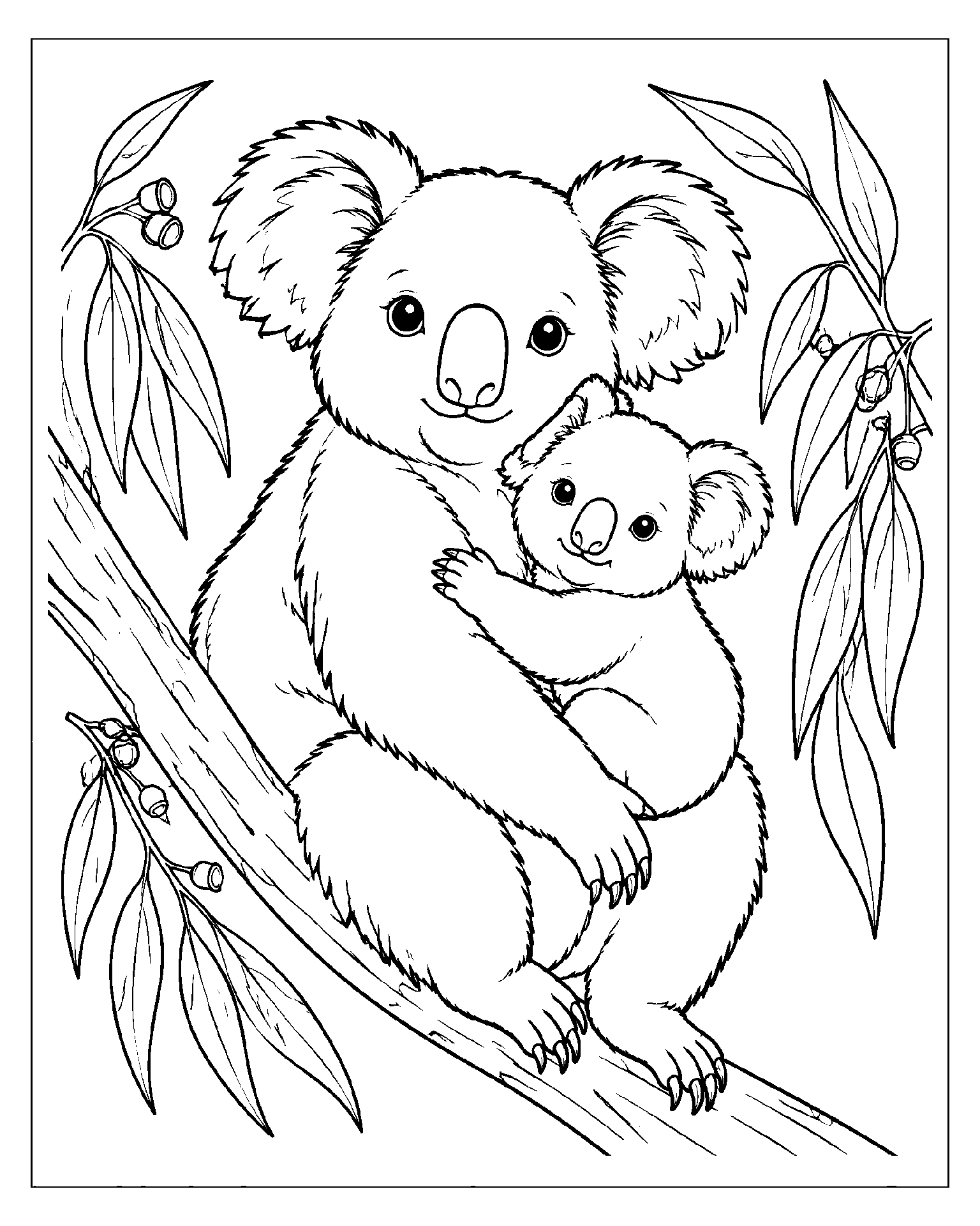 Koala and Joey in Eucalyptus black-and-white colouring page