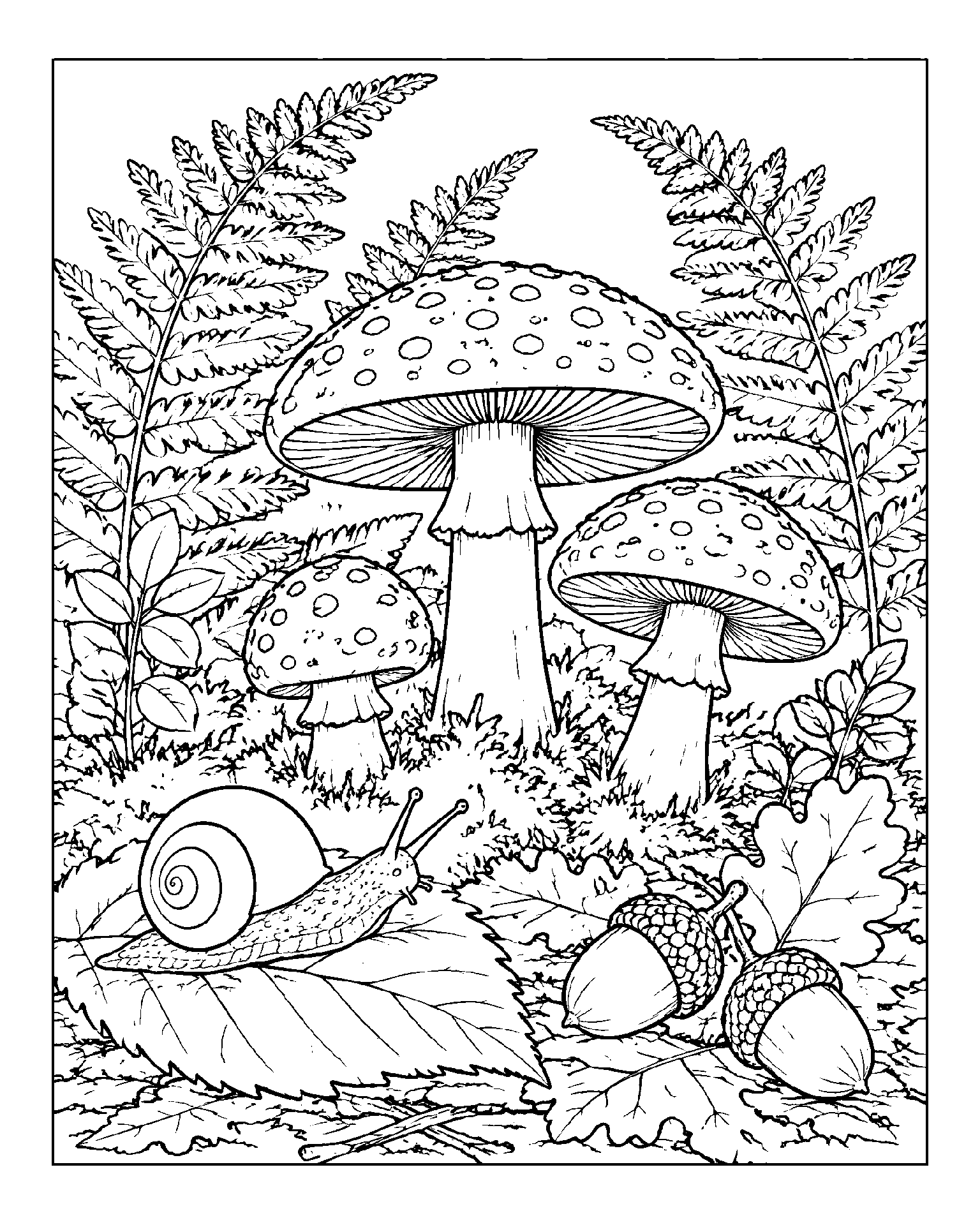 Woodland Mushrooms and Snail black-and-white colouring page