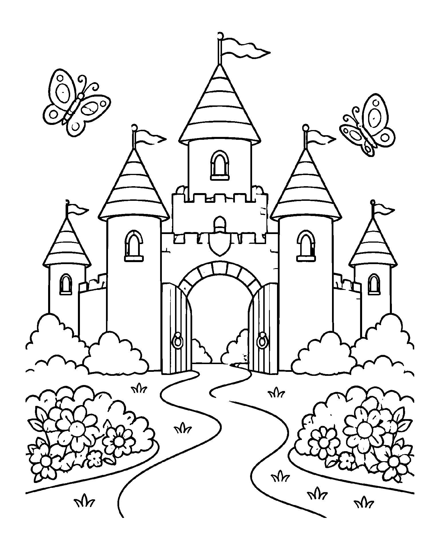 Castle at the Flower Path black-and-white colouring page