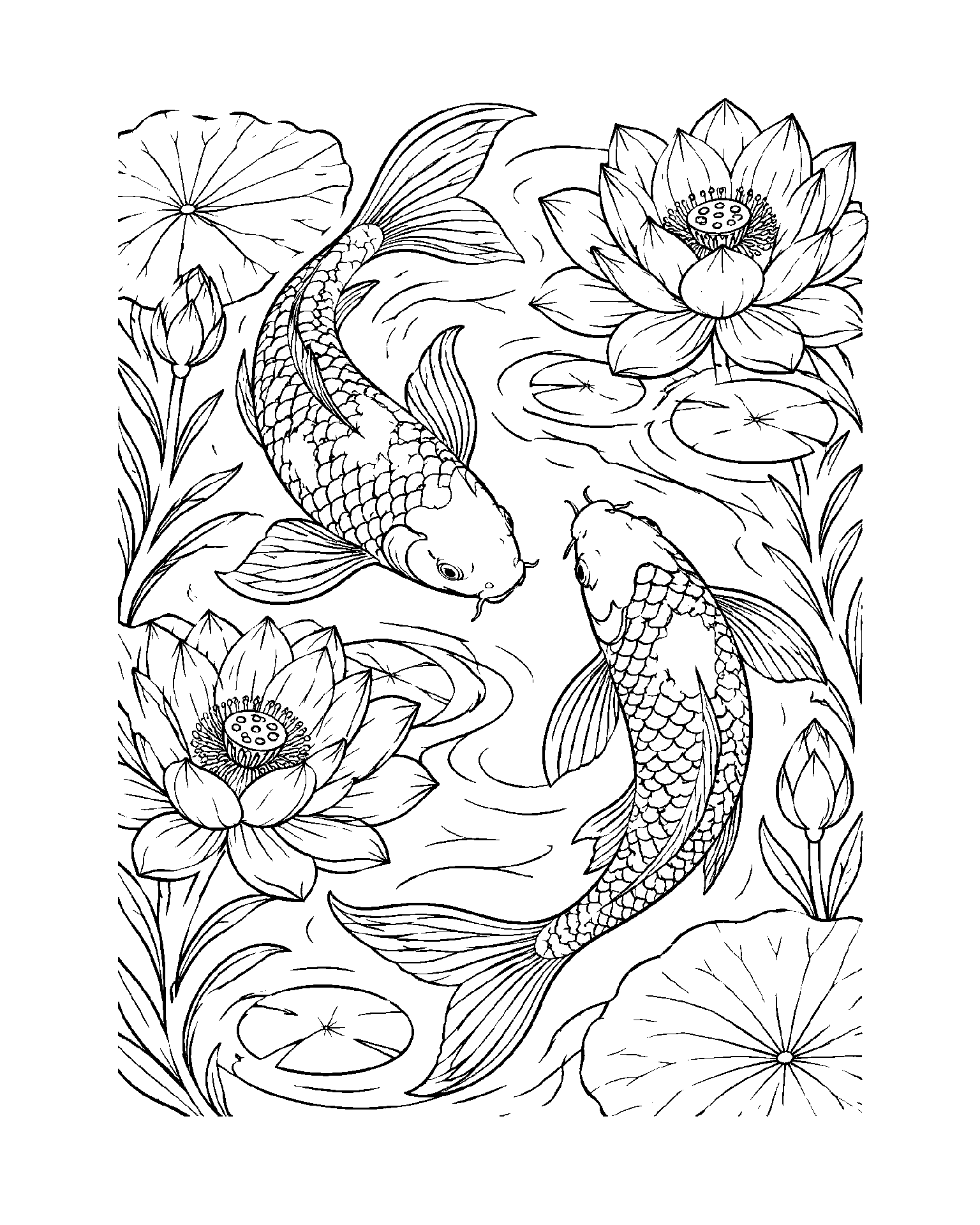 Koi Among Lotus Ripples black-and-white colouring page