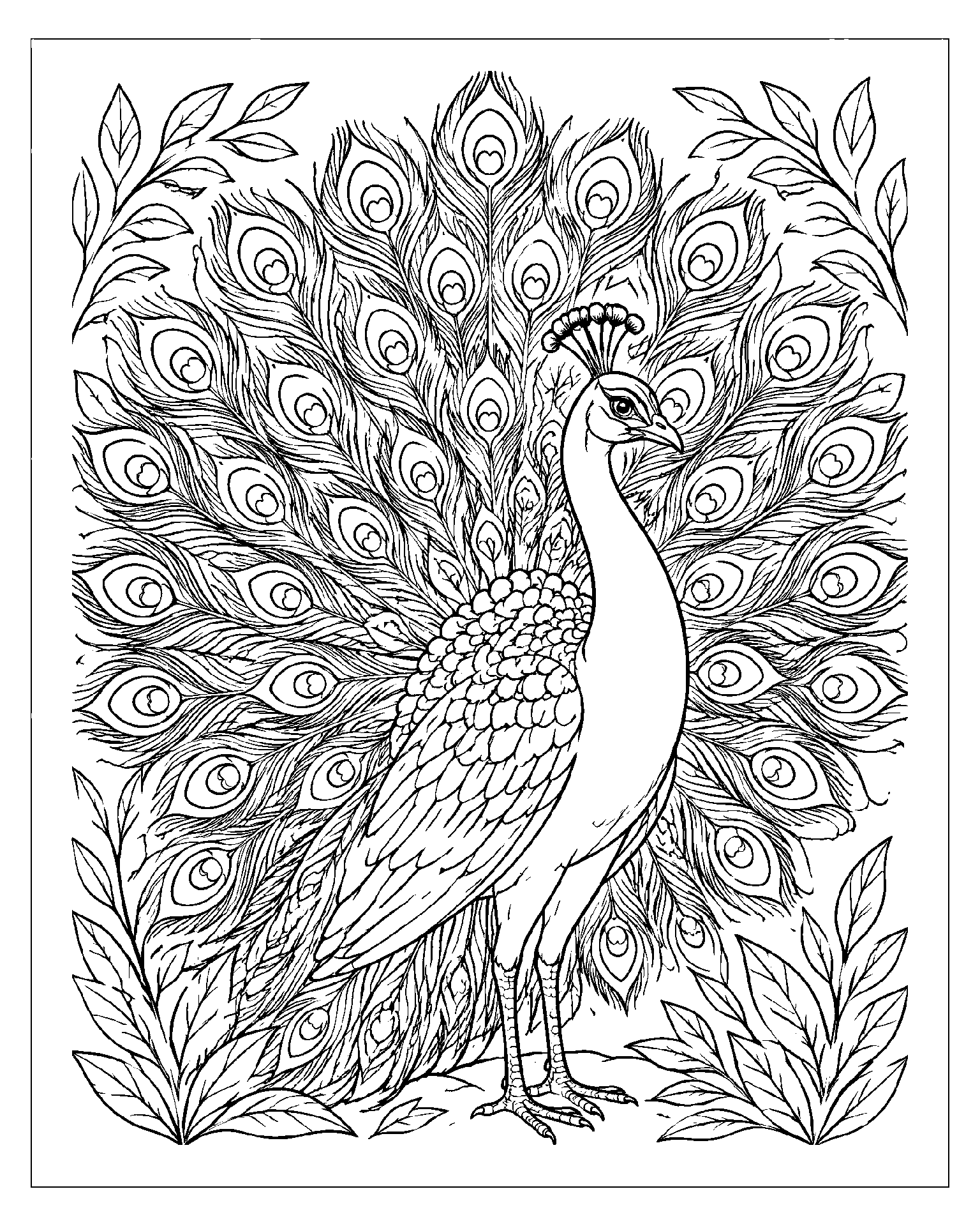 Peacock’s Leaf and Feather Fan black-and-white colouring page