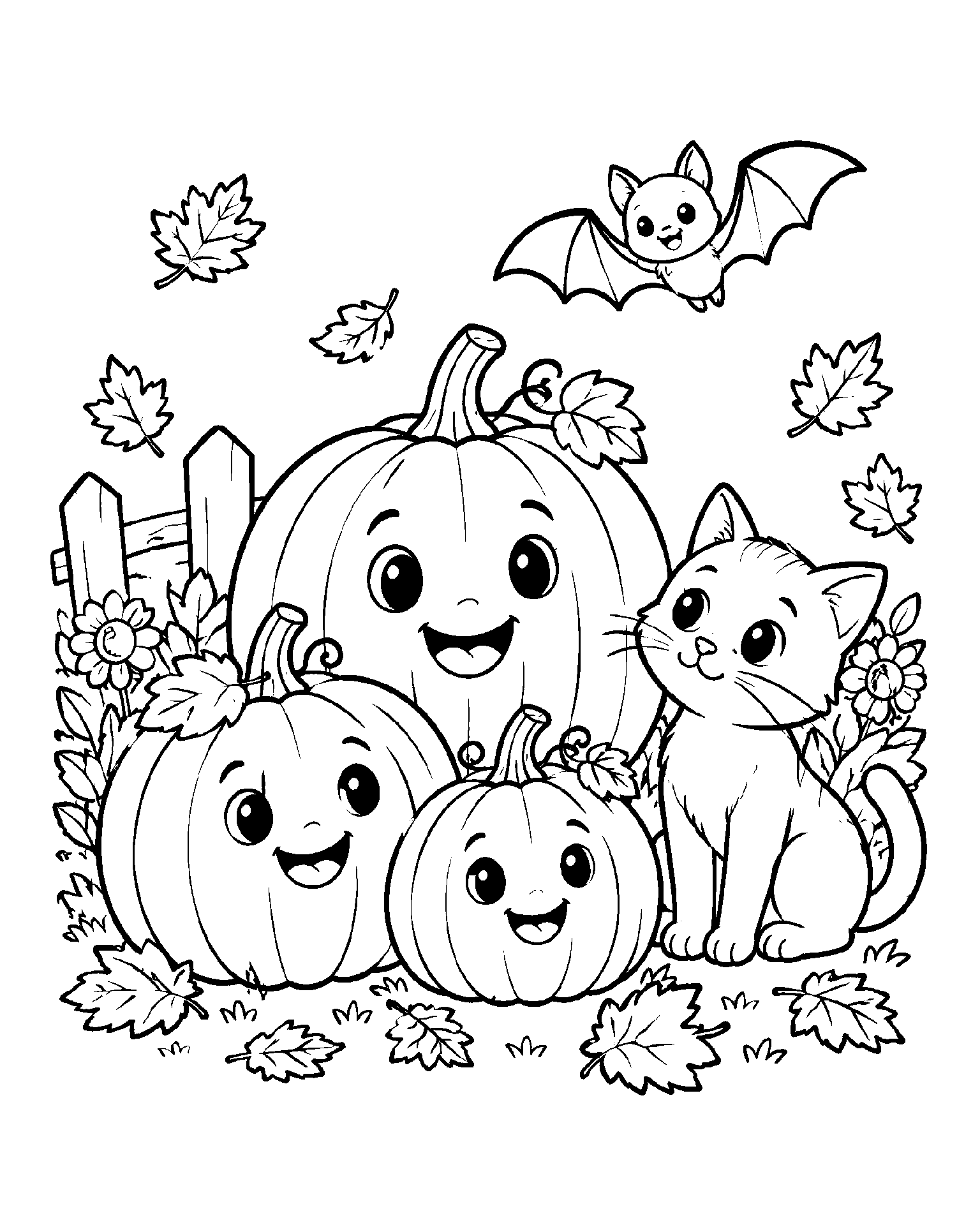 Pumpkin Friends and Autumn Kitten black-and-white colouring page