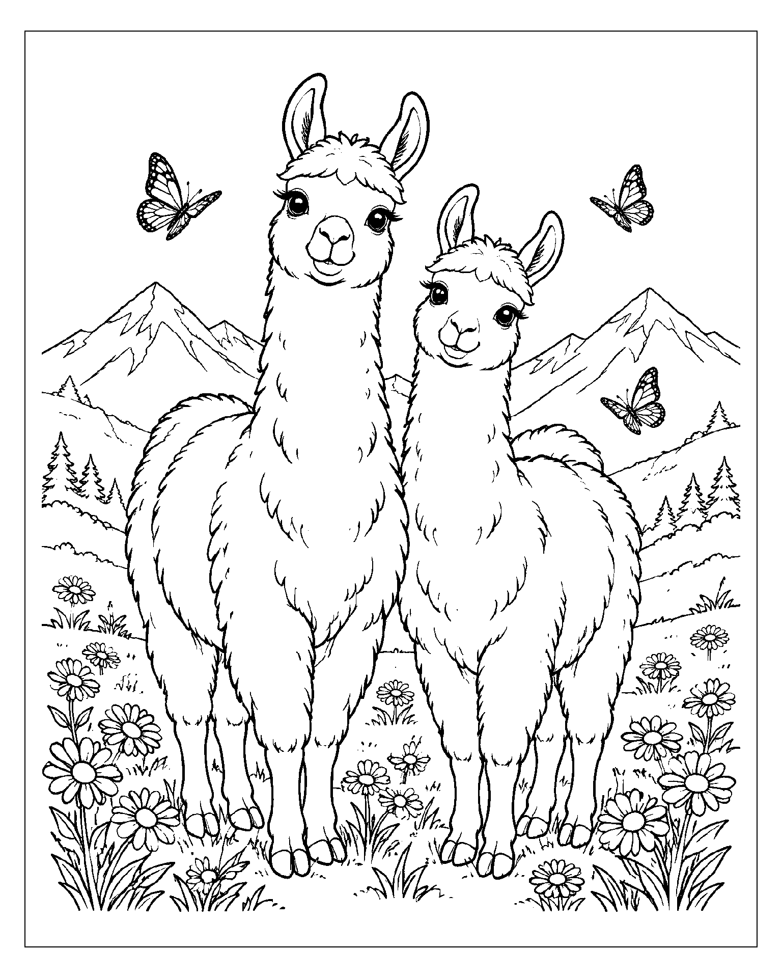 Llamas in the Mountain Meadow black-and-white colouring page