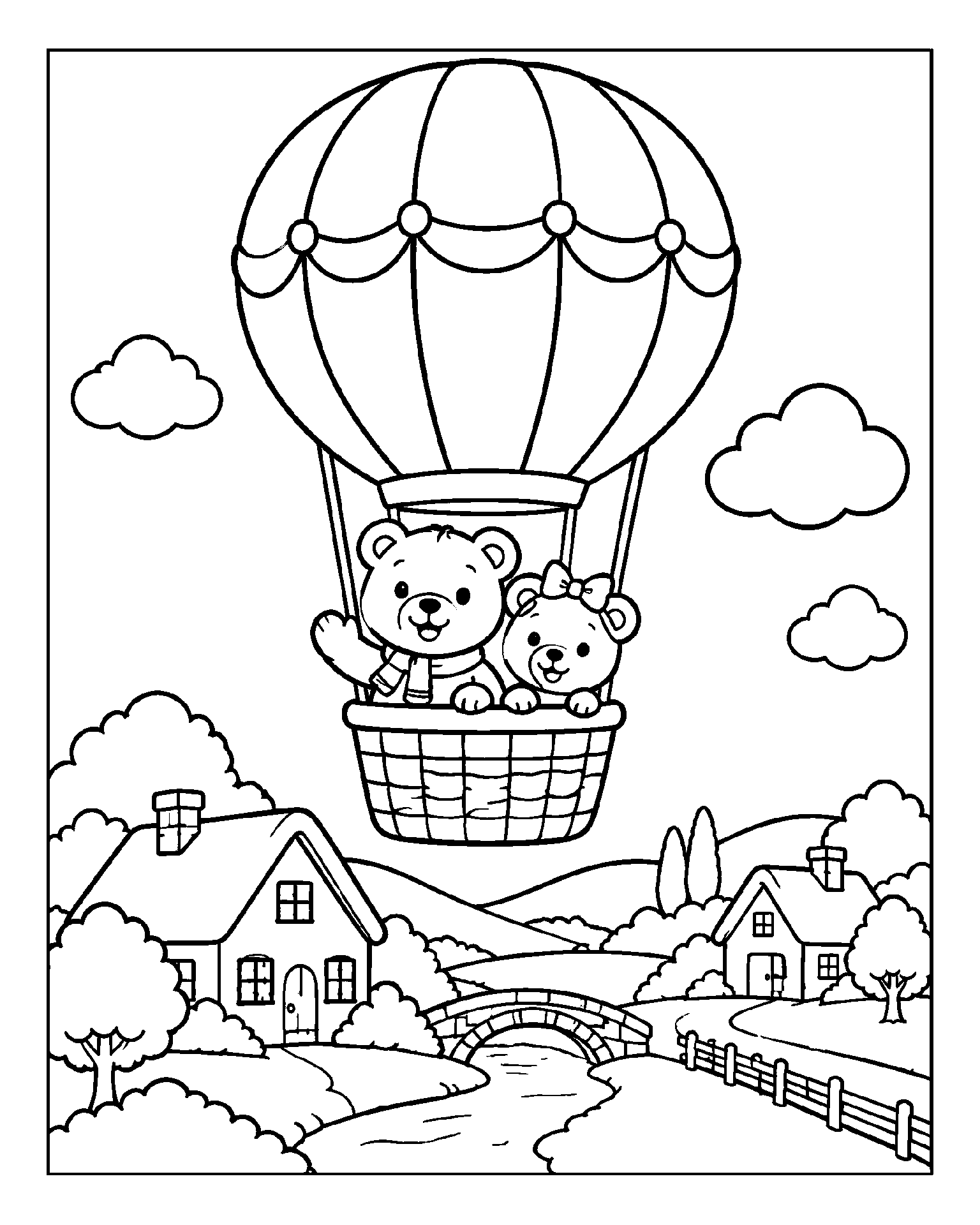 Teddy Bears’ Balloon Adventure black-and-white colouring page