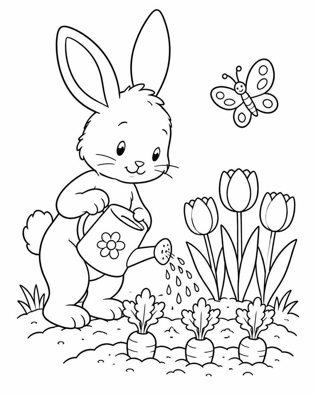 Bunny’s Flower Garden black-and-white colouring page