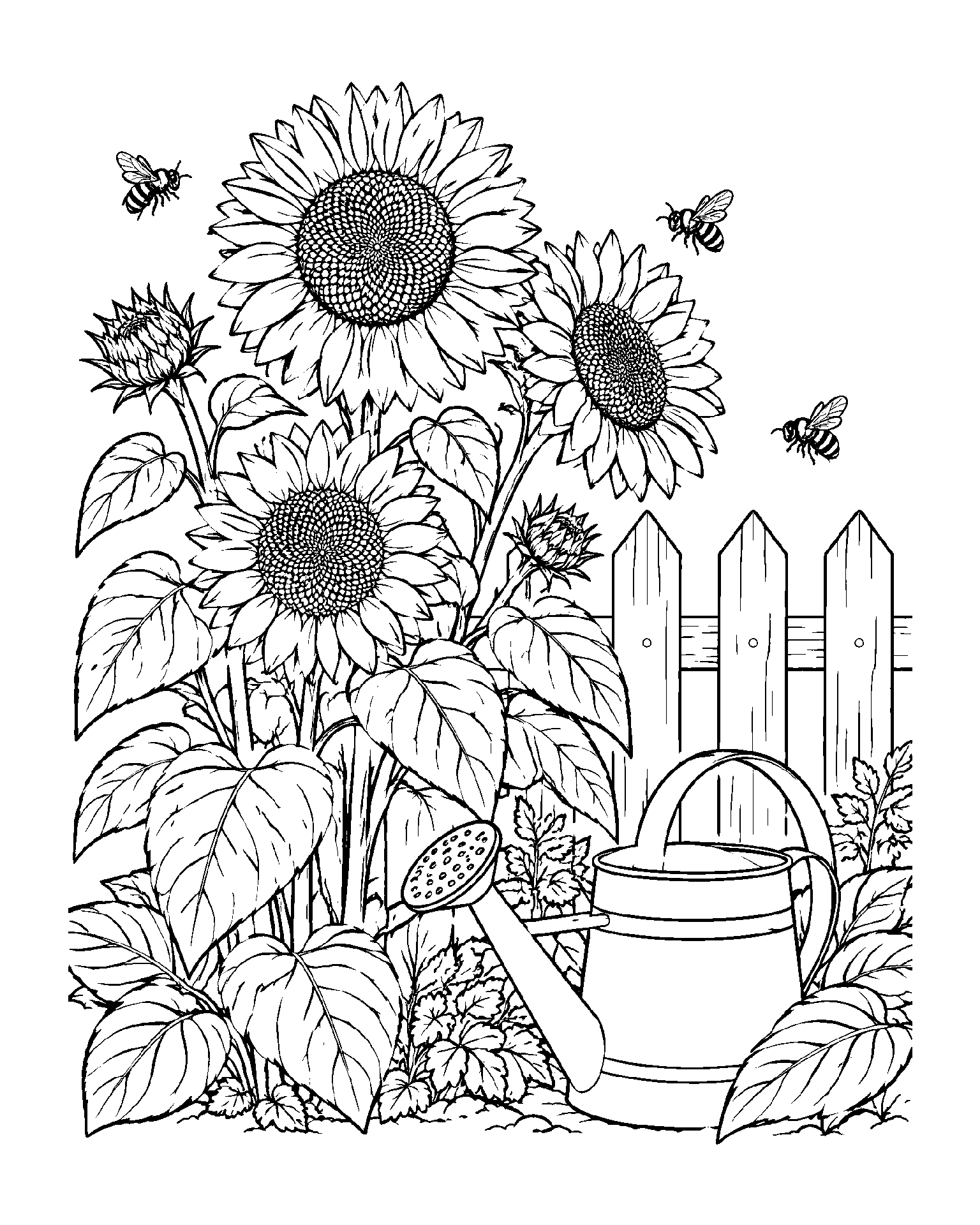 Sunflowers by the Watering Can black-and-white colouring page