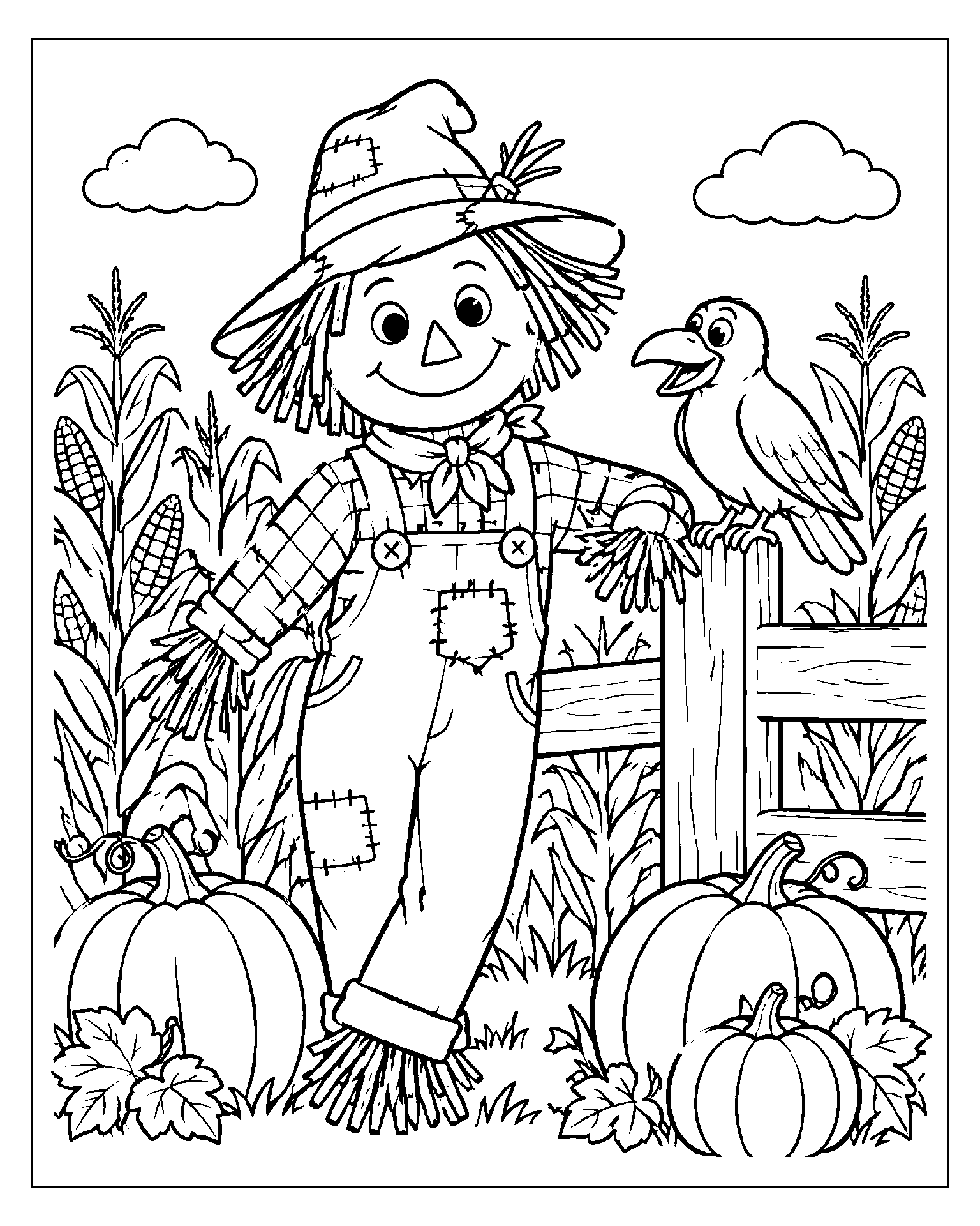 Scarecrow’s Pumpkin Field black-and-white colouring page