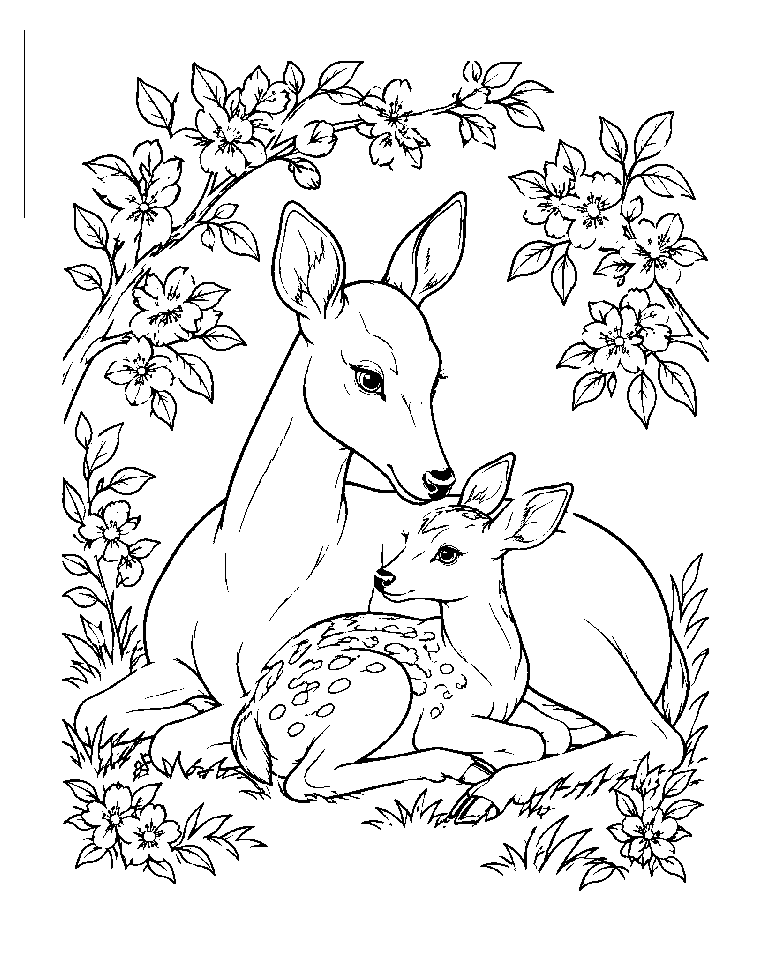 Deer Family Under Blossom Branches black-and-white colouring page