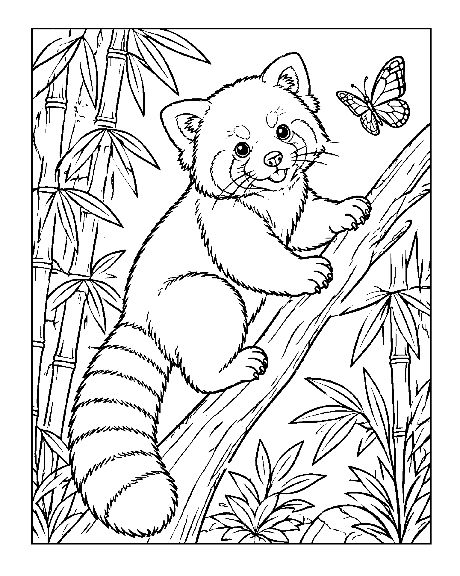 Red Panda’s Bamboo Climb black-and-white colouring page