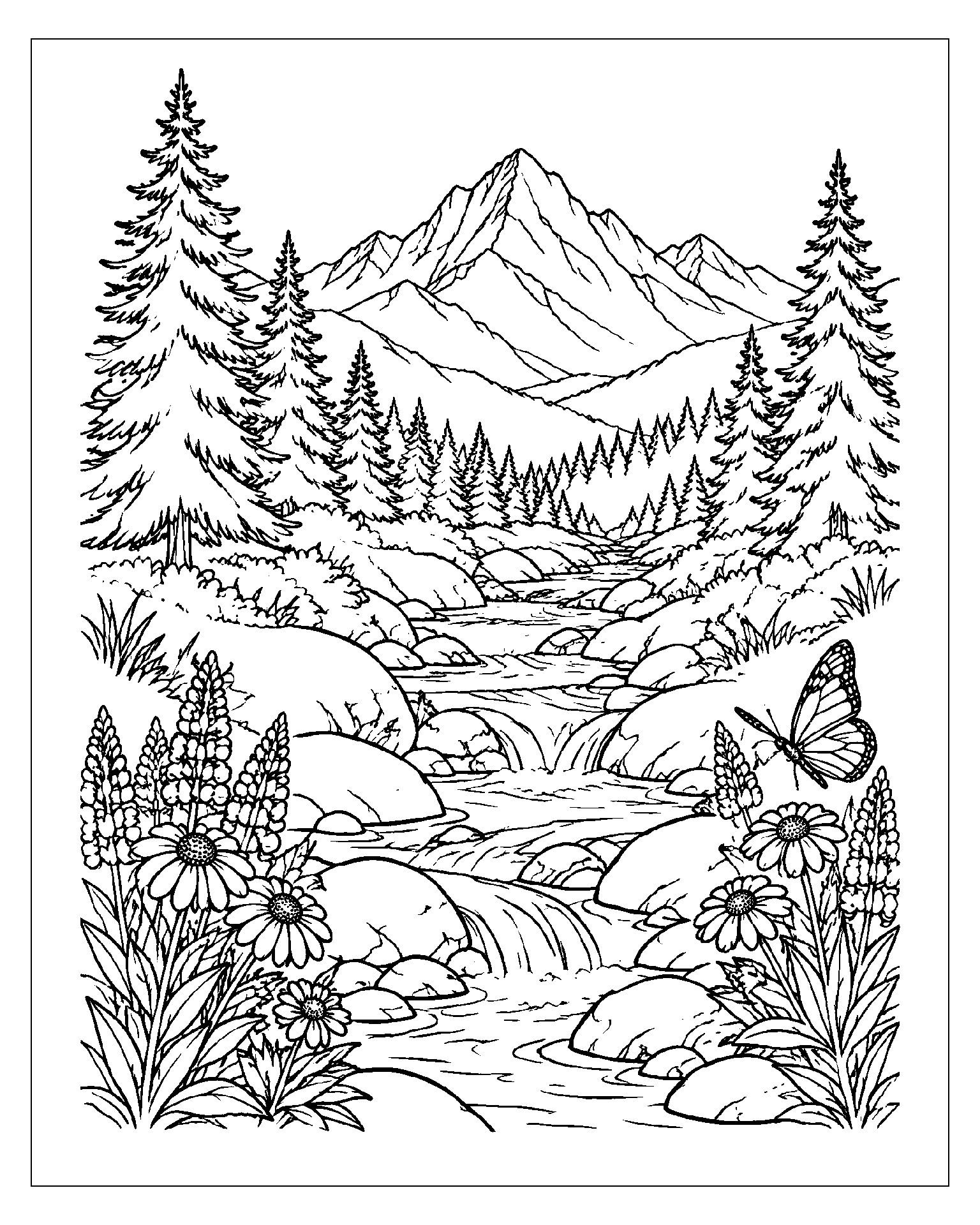 Mountain Stream and Wildflowers black-and-white colouring page