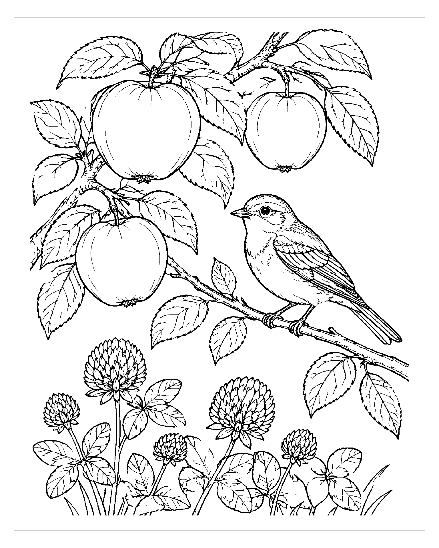 Apple Orchard Songbird black-and-white colouring page