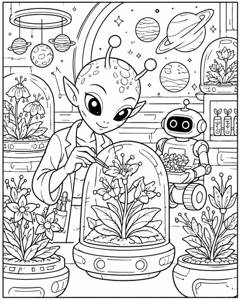 Alien Flower Laboratory colouring page preview