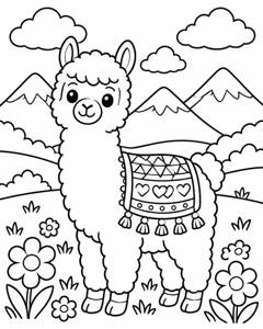 Alpaca Mountain Meadow colouring page preview