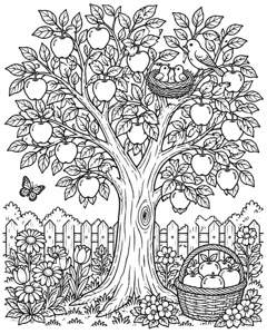 Apple Tree Bird Nest colouring page preview