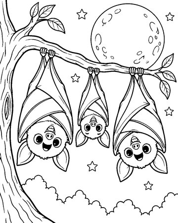 Bat Family Moonlight colouring page preview