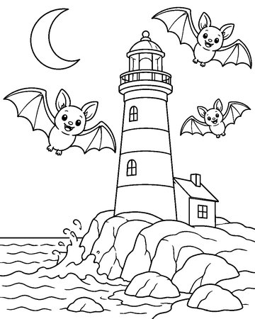 Bats at the Lighthouse colouring page preview