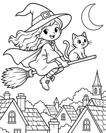 Broomstick Night Flight colouring page preview