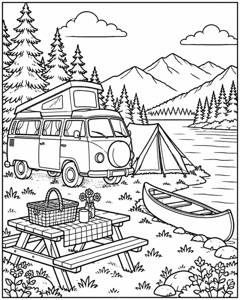 Campervan Lake Trip colouring page preview