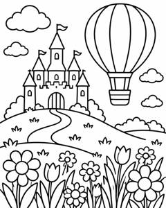 Castle Hot Air Balloon colouring page preview