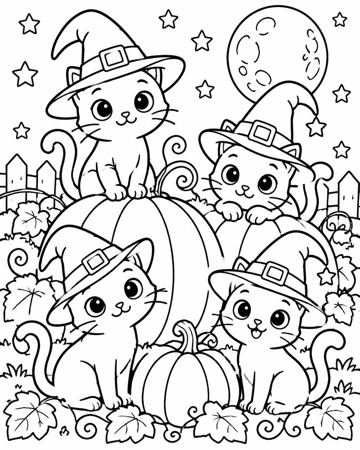 Witch-Hat Kittens colouring page preview