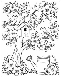 Cherry Blossom Birdhouse colouring page preview