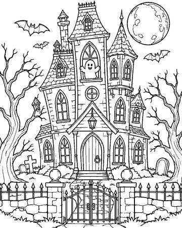 Crooked Haunted Mansion colouring page preview