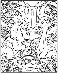 Dinosaur Picnic Waterfall colouring page preview