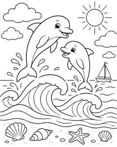 Dolphins Sailboat Bay colouring page preview