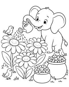 Elephant Daisy Garden colouring page preview