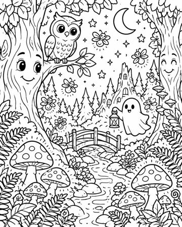 Enchanted Night Forest colouring page preview