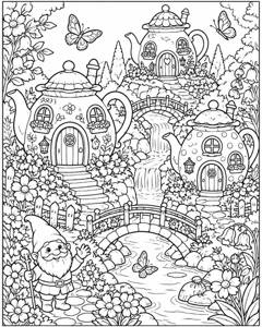 Enchanted Teapot Village colouring page preview