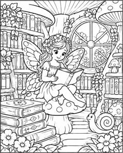 Fairy Mushroom Library colouring page preview