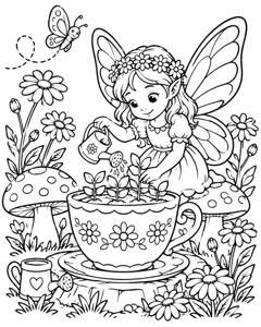 Fairy Teacup Garden colouring page preview