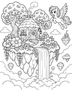 Floating Island Cottage colouring page preview