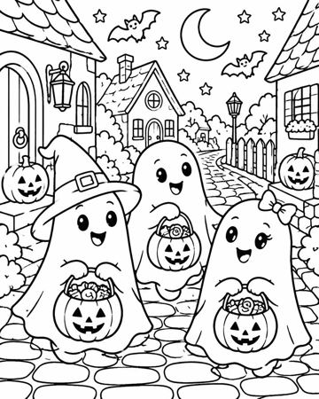 Ghost Parade Trick-or-Treat colouring page preview
