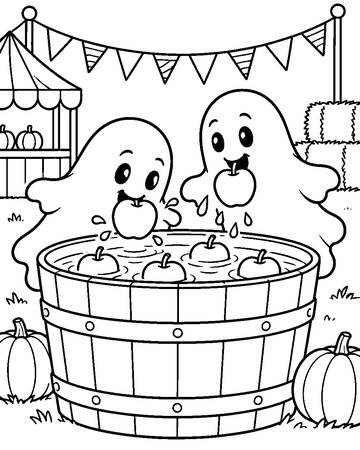 Ghostly Apple Bobbing colouring page preview