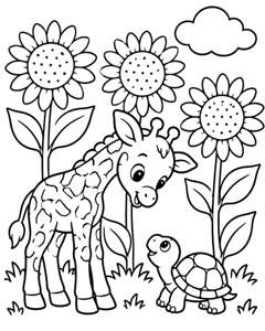 Giraffe Turtle Sunflowers colouring page preview
