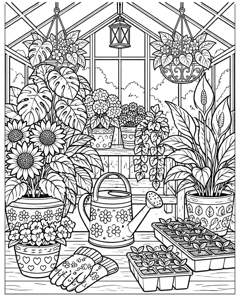 Greenhouse Flowerpots colouring page preview