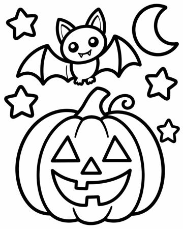 Happy Pumpkin & Bat colouring page preview