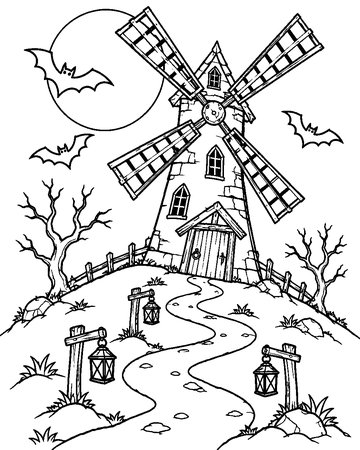 Haunted Hill Windmill colouring page preview