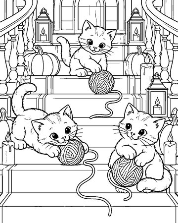 Kittens on the Grand Staircase colouring page preview